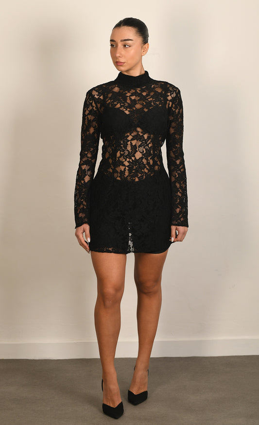 Black Lace Qipao Mini Dress