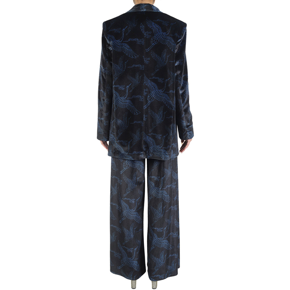 Black Blue Japanese Oriental Cranes Velvet Belted Blazer