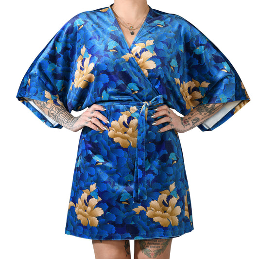 Blue Gold Oriental Chrysanthemum Flower Velvet Wrap Kimono Dress Βελούδινη Μπλε Μίνι Φόρεμα Κιμονό Λουλούδια