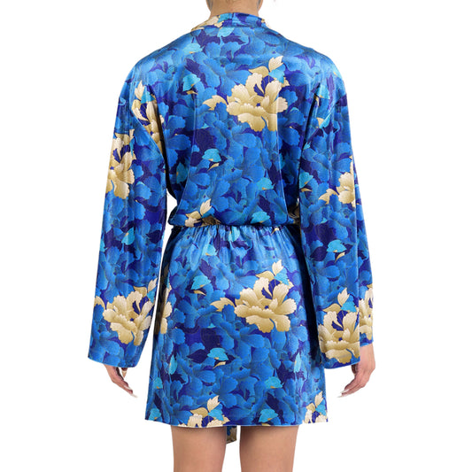 Blue Gold Oriental Chrysanthemum Flower Velvet Belted Dress