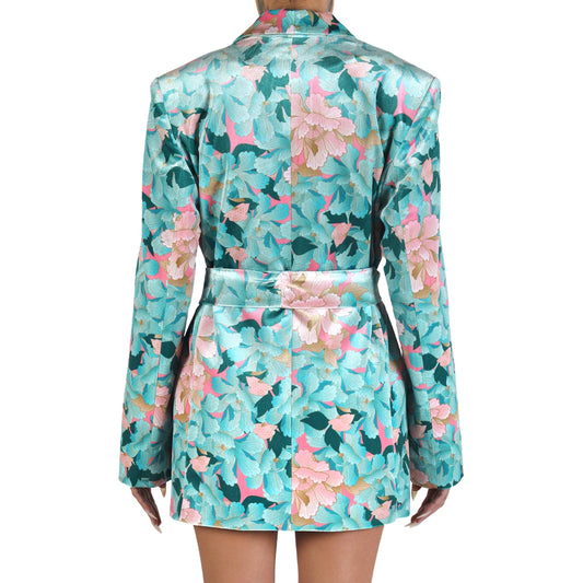 Mint Pink Japanese Oriental Chrysanthemum Flower Velvet Belted Blazer