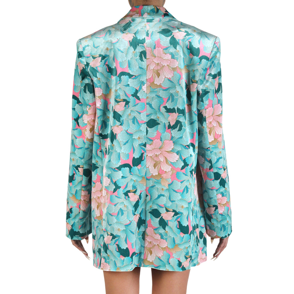 Mint Pink Japanese Oriental Chrysanthemum Flower Velvet Belted Blazer