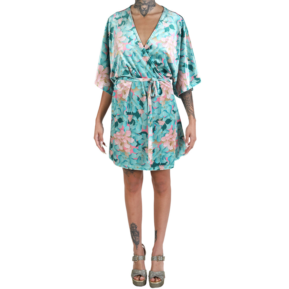 Mint Pink Japanese Oriental Chrysanthemum Flower Velvet Wrap Mini Kimono Dress