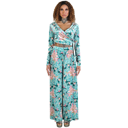 Mint Pink Japanese Oriental Chrysanthemum Flower Velvet Wrap Crop Top with Bow Tie