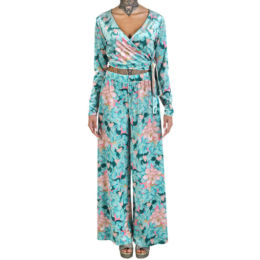 Mint Pink Japanese Oriental Chrysanthemum Flower Velvet Wide Leg Pants