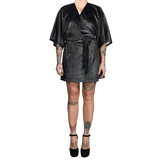 Anthracite Gold Japanese Oriental Cranes Velvet Mini Wrap Kimono Dress