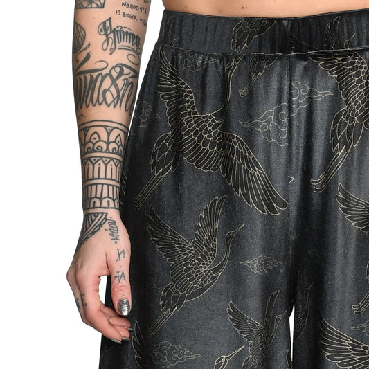 Anthracite Gold Japanese Oriental Cranes Velvet Wide Leg Pants