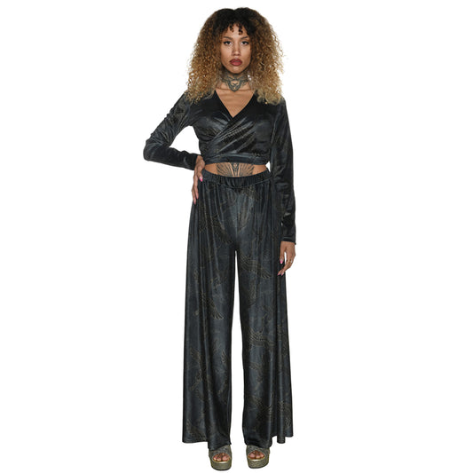 Anthracite Gold Japanese Oriental Cranes Heron Velvet Wrap Crop Top with Bow Tie Βελούδινη Μαύρη Μπλούζα