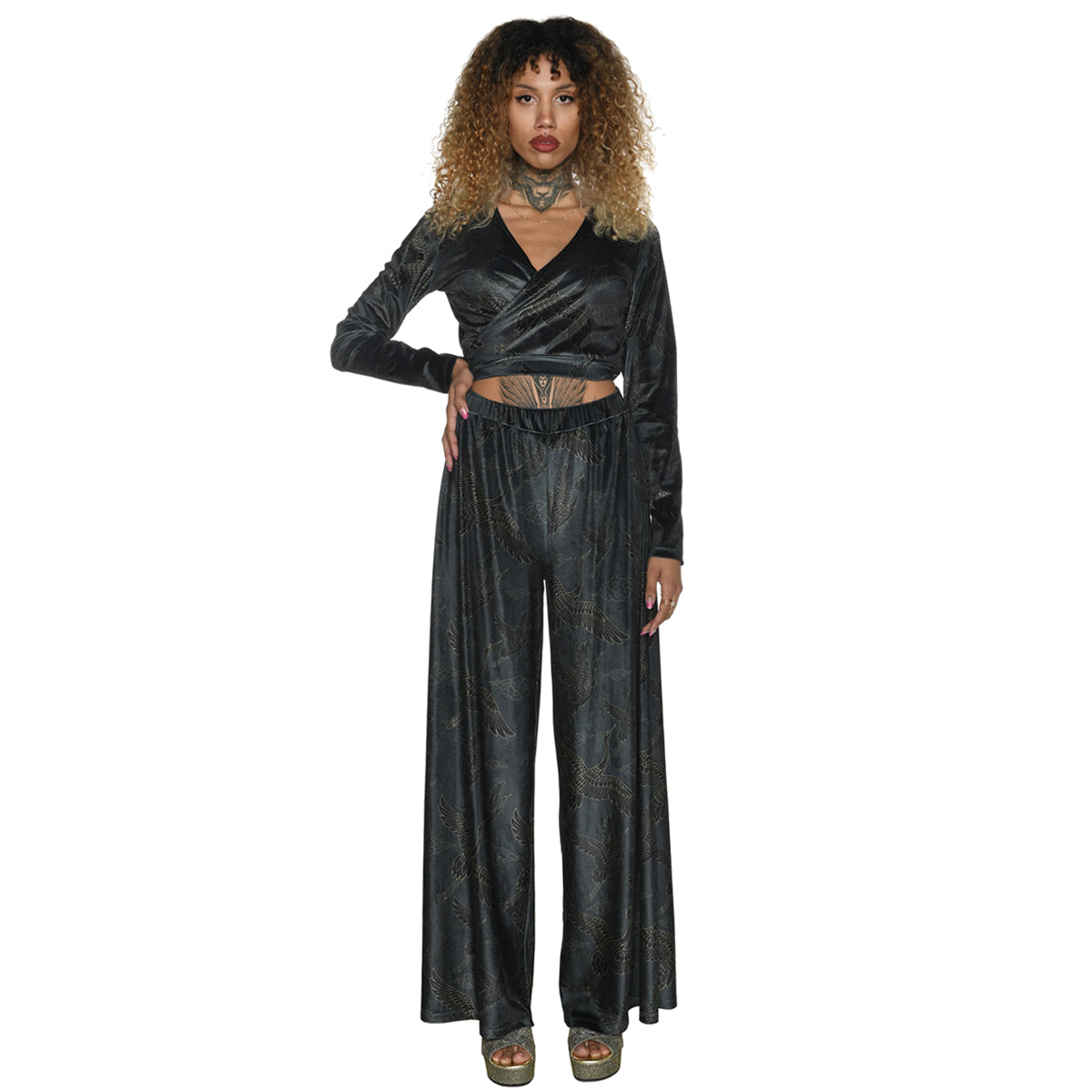 Anthracite Gold Japanese Oriental Cranes Velvet Wide Leg Pants