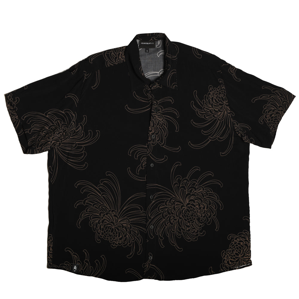 Japanese Chrysanthemum Umber & Black Hawaiian Style Shirt  natural fabric viscose