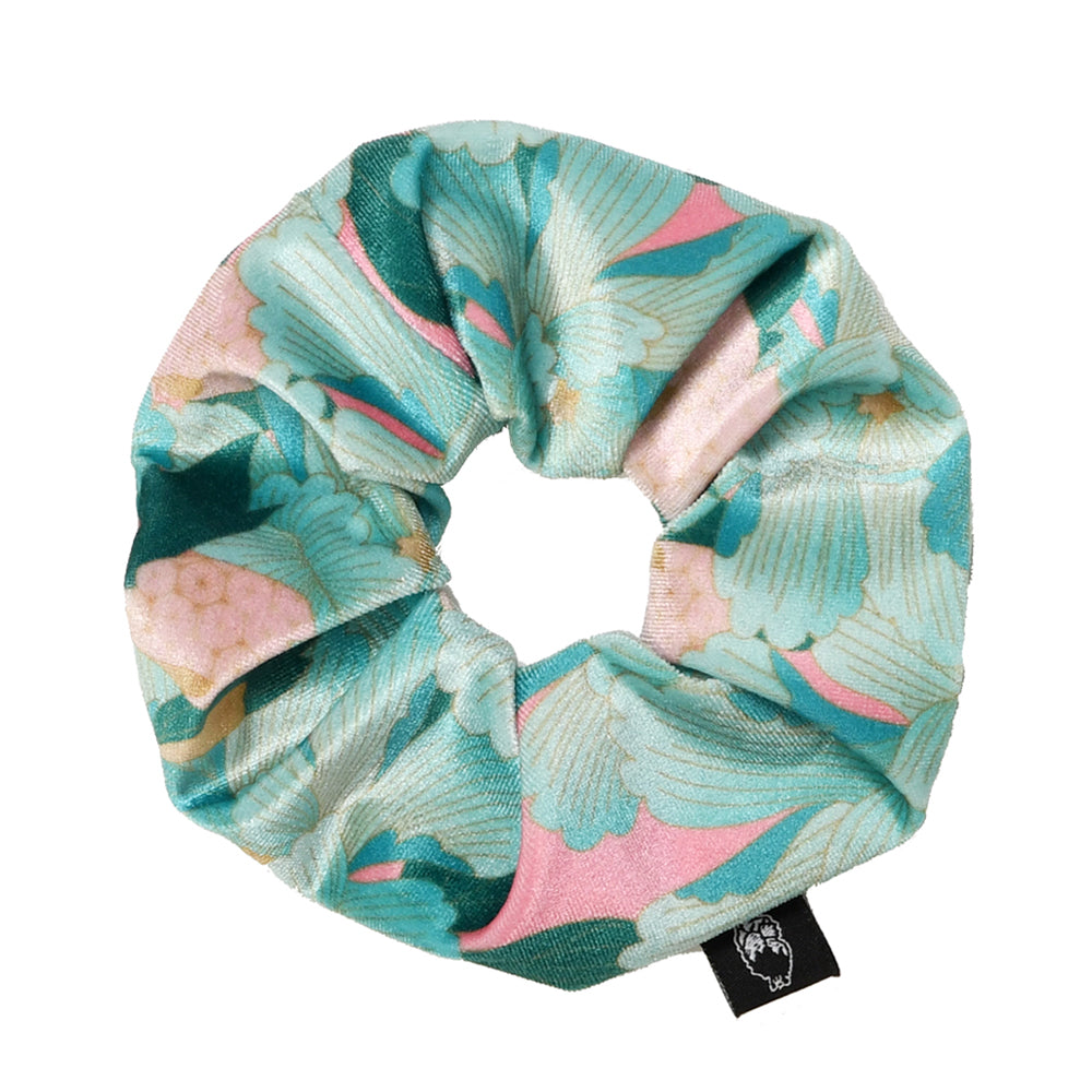 Mint Pink Japanese Oriental Chrysanthemum Flower Velvet Scrunchie Ponytail Holders