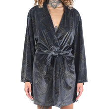 Load image into Gallery viewer, Anthracite Gold Japanese Oriental Cranes Velvet Mini Belted Dress