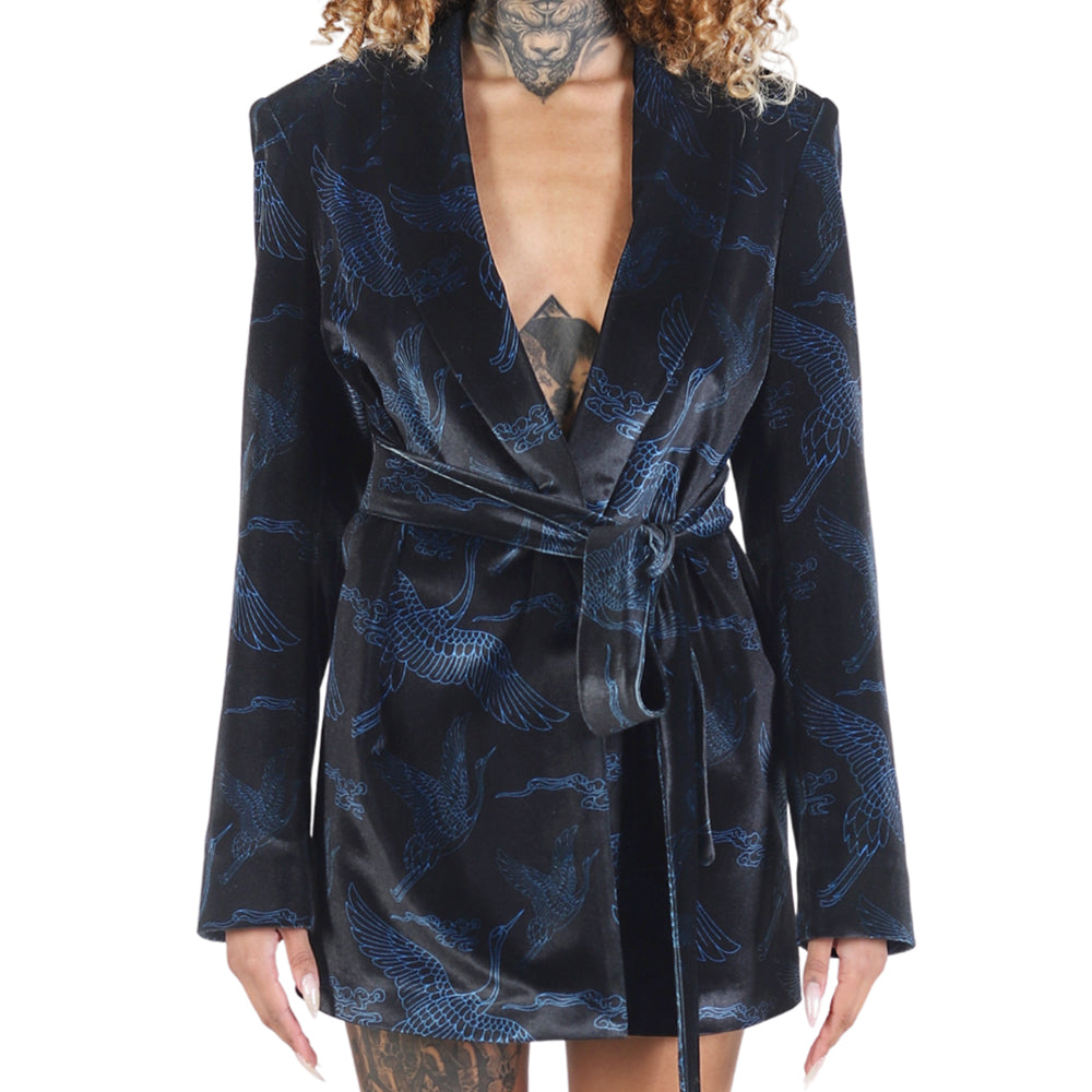 Black Blue Japanese Oriental Cranes Velvet Belted Blazer