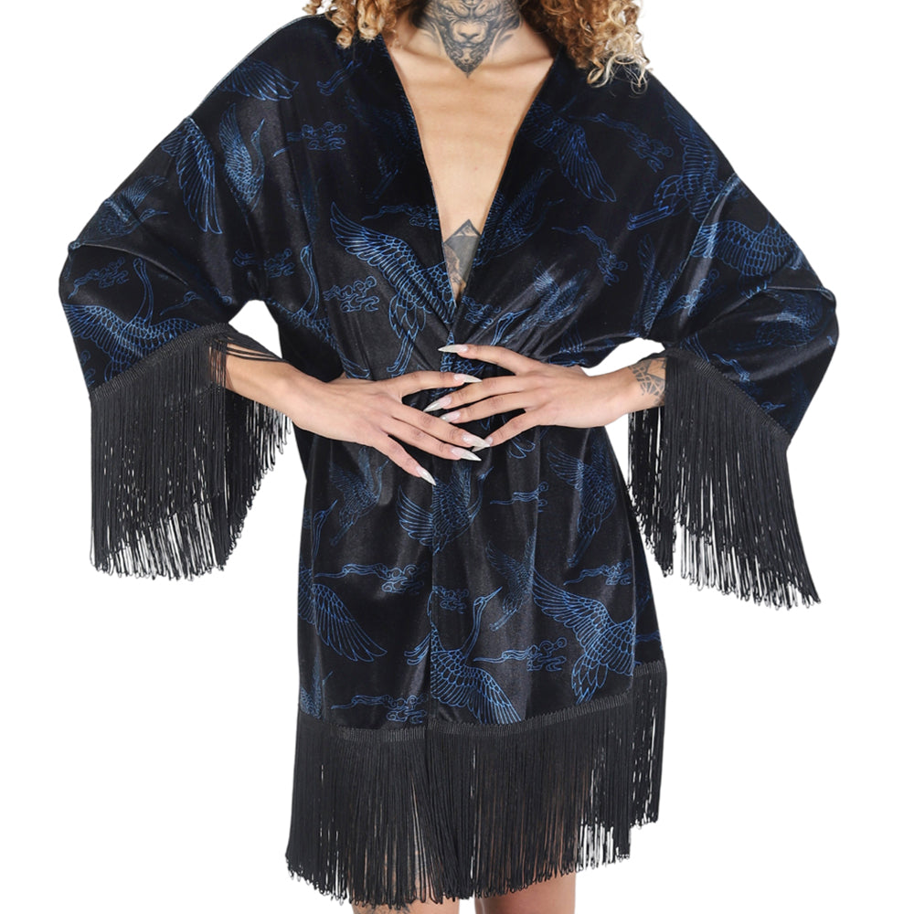 Black Blue Japanese Oriental Cranes Velvet Fringe Kimono