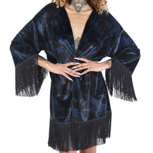 Load image into Gallery viewer, Black Blue Japanese Oriental Cranes Velvet Fringe Kimono