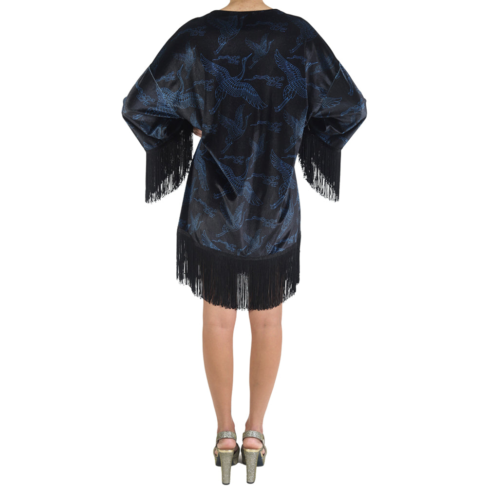 Black Blue Japanese Oriental Cranes Velvet Fringe Kimono