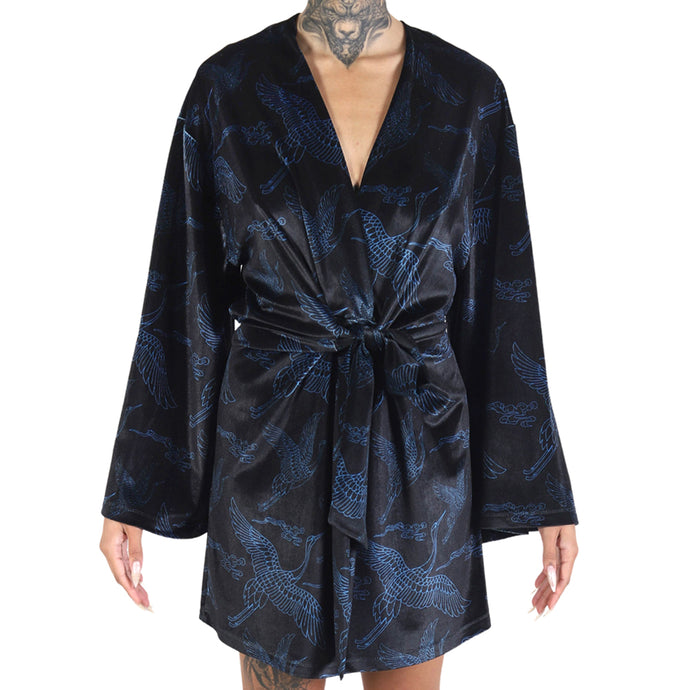 Black Blue Japanese Oriental Cranes Velvet Mini Belted Dress
