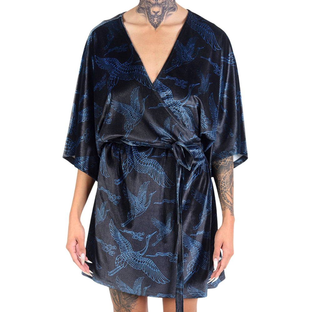 Black Blue Japanese Oriental Cranes Velvet Mini Wrap Kimono Dress