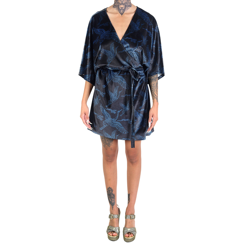 Black Blue Cranes Velvet Mini Wrap Kimono DressBlack Blue Japanese Oriental Cranes Velvet Mini Wrap Kimono Dress