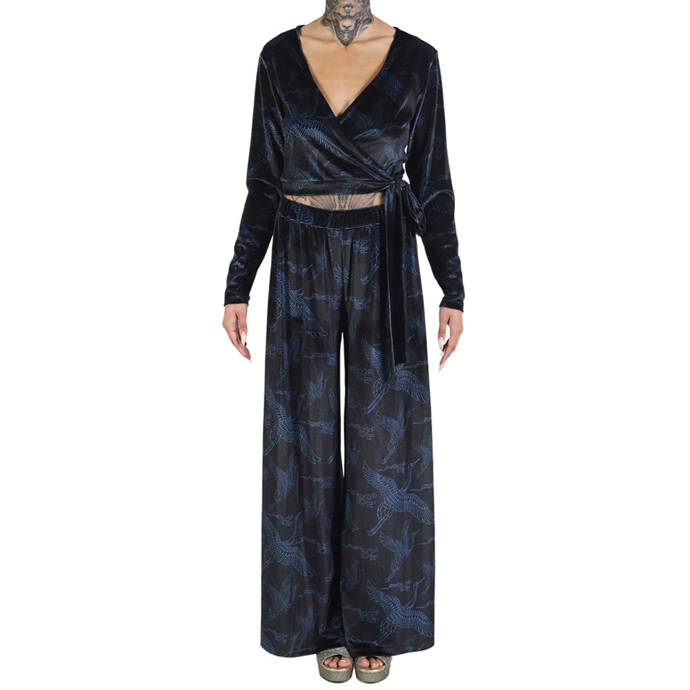 Black Blue Japanese Oriental Cranes Velvet Wrap Crop Top with Bow Tie
