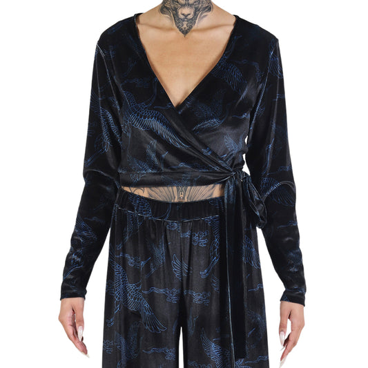 Black Blue Japanese Oriental Cranes Velvet Wrap Crop Top with Bow Tie