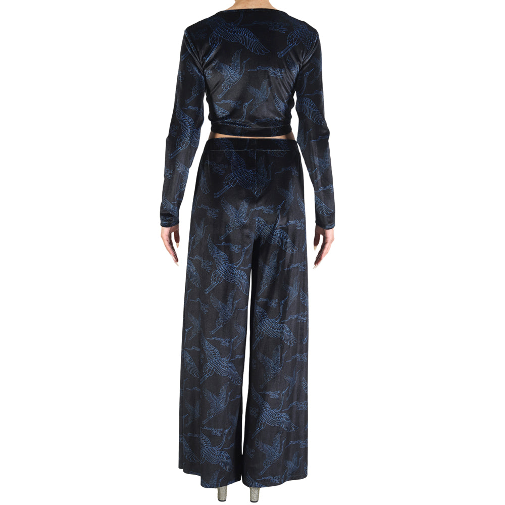 Black Blue Japanese Oriental Cranes Velvet Wide Leg Pants