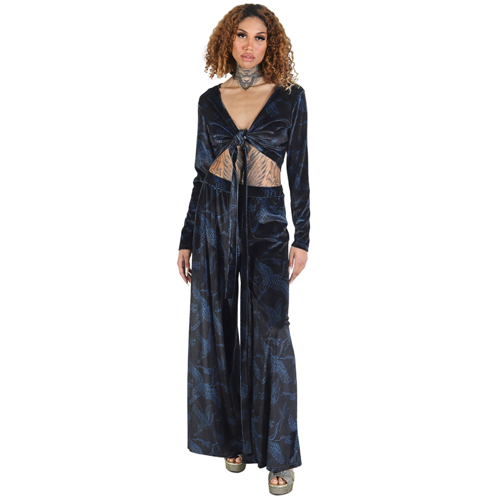 Black Blue Japanese Oriental Cranes Velvet Wide Leg Pants