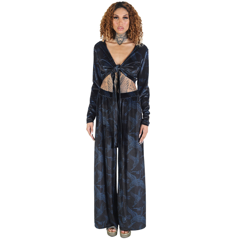 Black Blue Japanese Oriental Cranes Velvet Wide Leg Pants