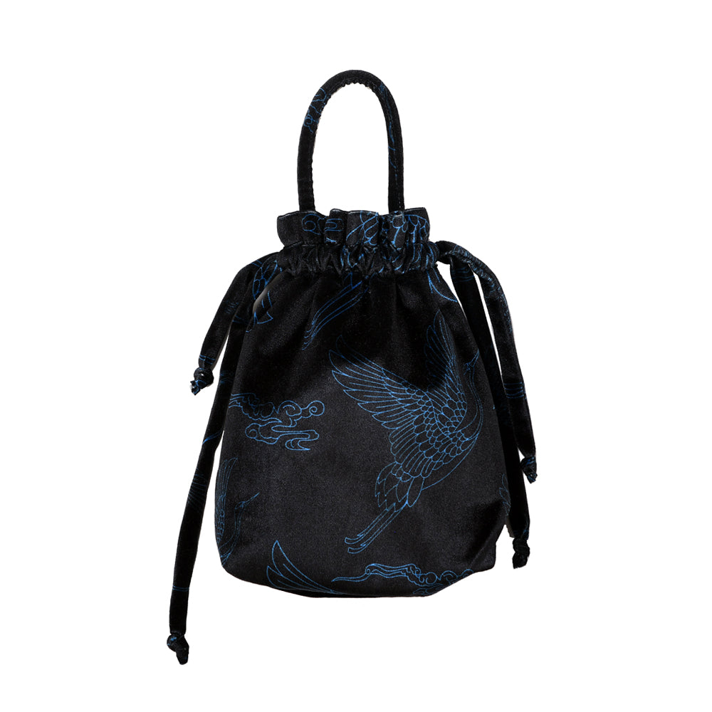 Black Blue Japanese Oriental Cranes Velvet Sustainable Pouch Bag