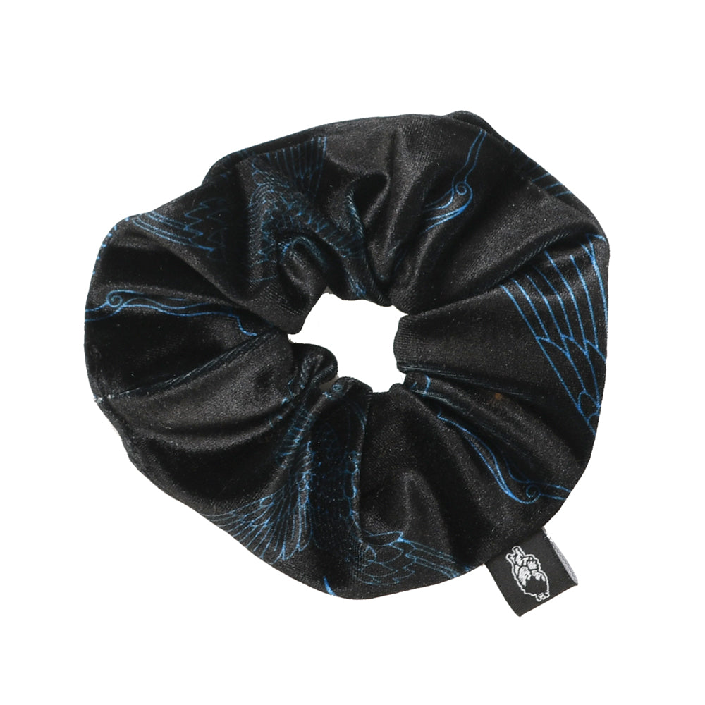 Black Blue Japanese Oriental Cranes Velvet Scrunchie Ponytail Holders