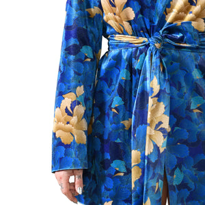 Blue Velvet Blazer with Belt Oriental Floral Βελούδινο Μπλε Σακάμι με Ζώνη Λουλούδια