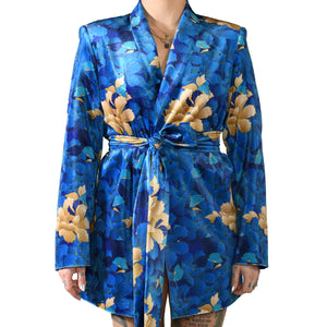 Blue Velvet Blazer with Belt Oriental Floral Βελούδινο Μπλε Σακάμι με Ζώνη Λουλούδια