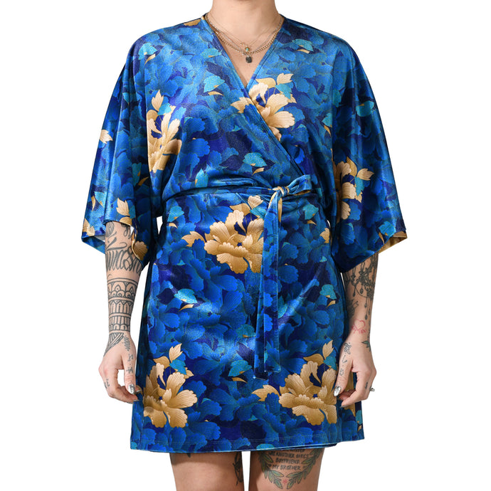 Blue Gold Oriental Chrysanthemum Flower Velvet Wrap Kimono Dress Βελούδινη Μπλε Μίνι Φόρεμα Κιμονό Λουλούδια