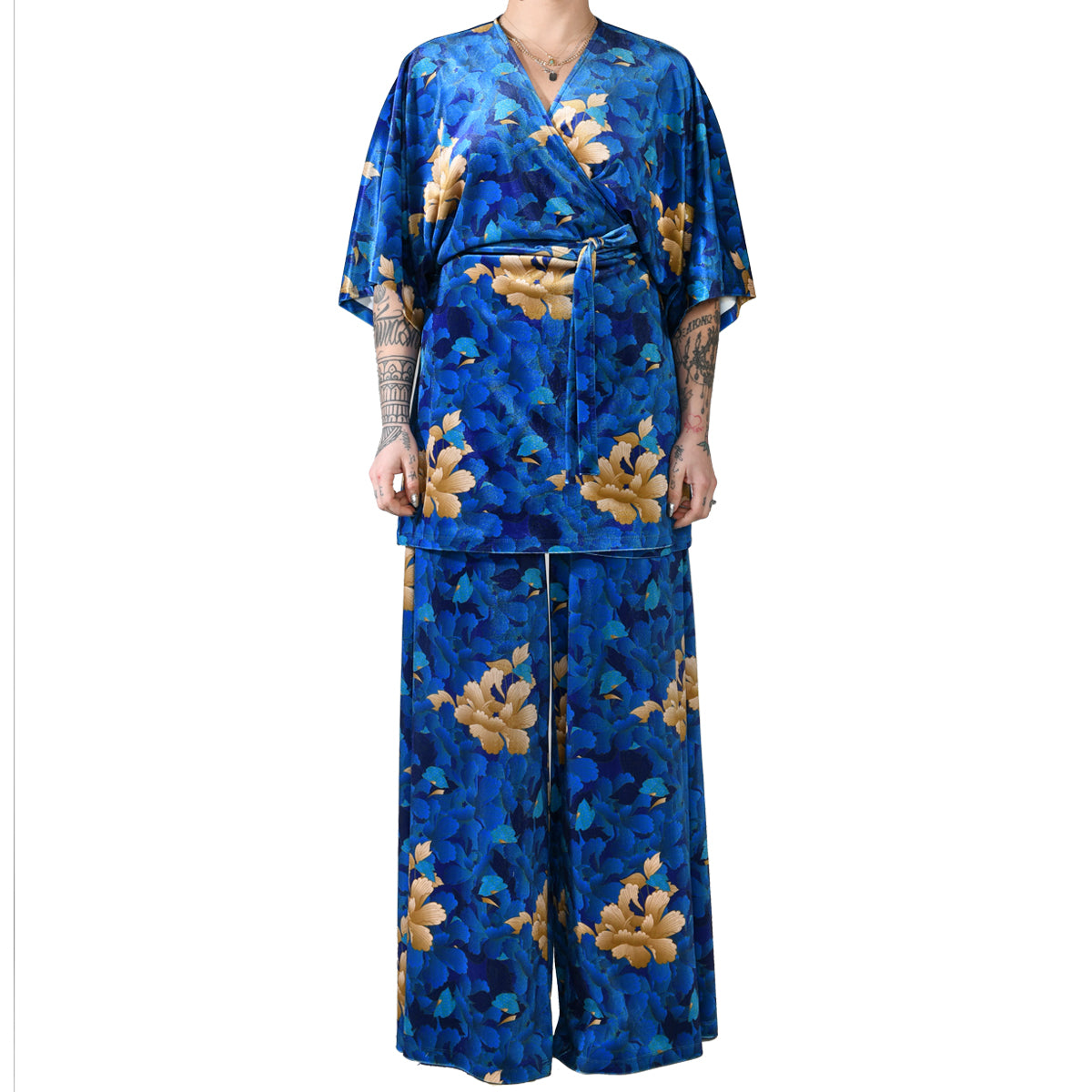 Blue Velvet Wide Leg Pants Oriental Floral Βελούδινη Μπλε Παντελόνα Λουλούδια