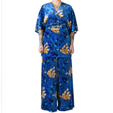 Load image into Gallery viewer, Blue Velvet Wide Leg Pants Oriental Floral Βελούδινη Μπλε Παντελόνα Λουλούδια