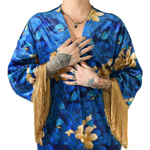 Blue Velvet Kimono with Gold Fringes Oriental Floral Βελούδινο Μπλε Κιμονό με Χρυσά Κρόσια Λουλούδια