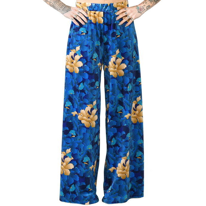 Blue Velvet Wide Leg Pants Oriental Floral Βελούδινη Μπλε Παντελόνα Λουλούδια