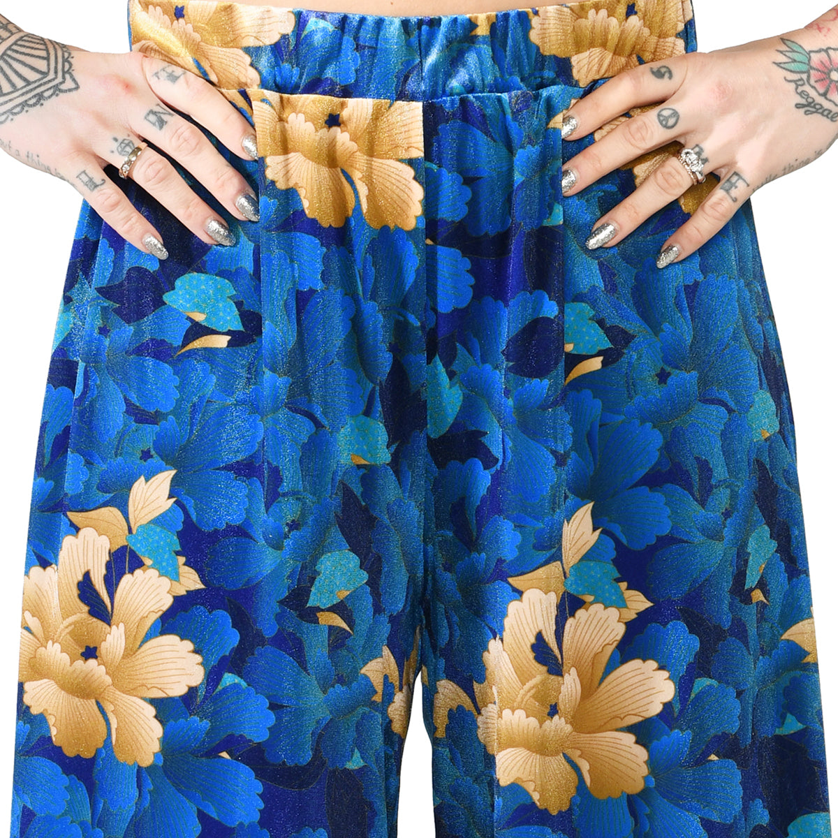 Blue Velvet Wide Leg Pants Oriental Floral Βελούδινη Μπλε Παντελόνα Λουλούδια