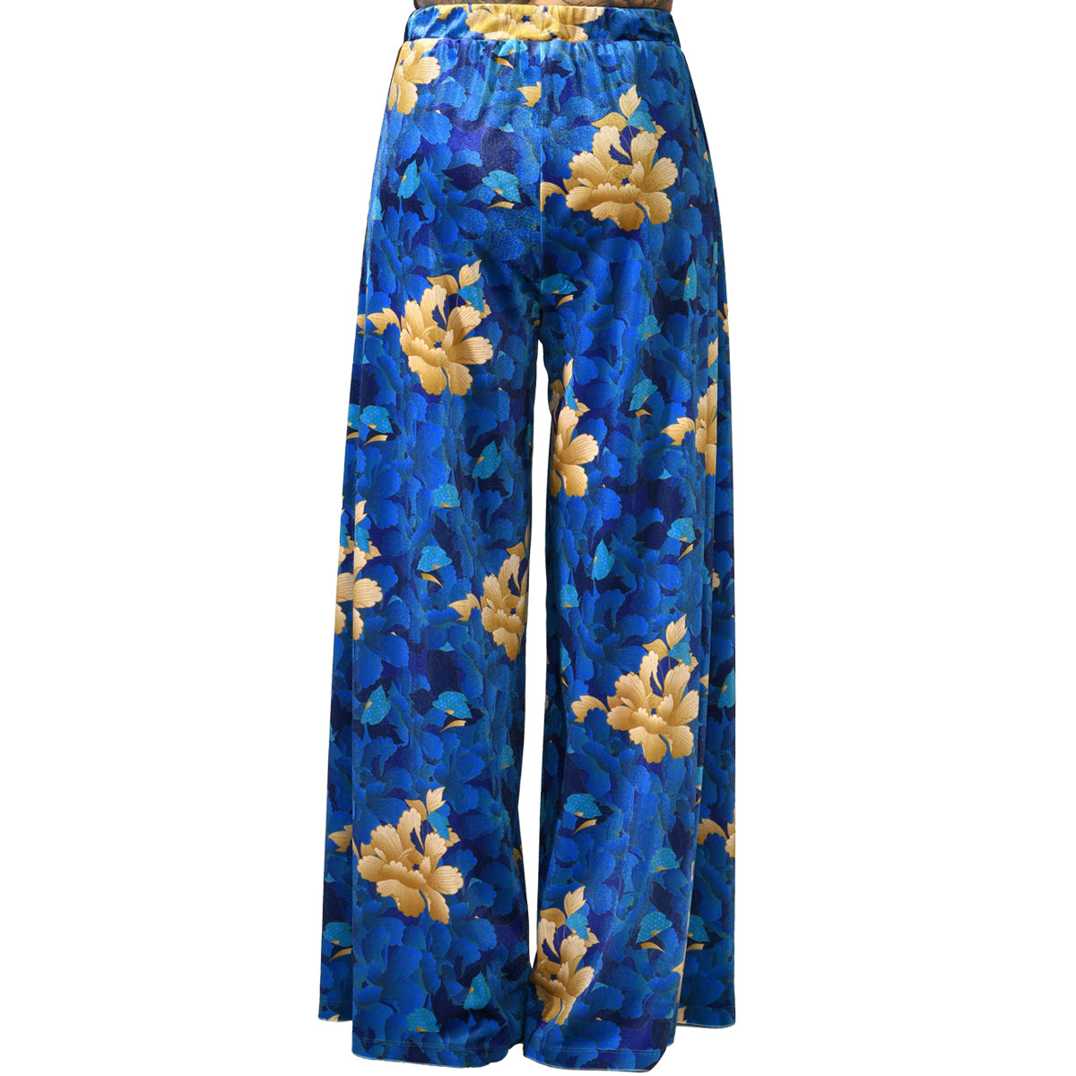 Blue Velvet Wide Leg Pants Oriental Floral Βελούδινη Μπλε Παντελόνα Λουλούδια