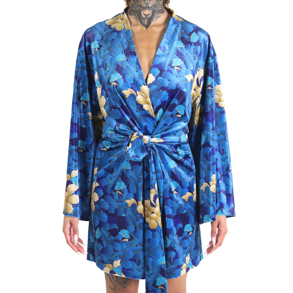 Blue Gold Flower Velvet Mini Belted Dress Blue Gold Oriental Chrysanthemum Flower Velvet Belted Dress