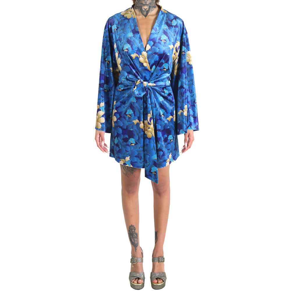 Blue Gold Oriental Chrysanthemum Flower Velvet Belted Dress