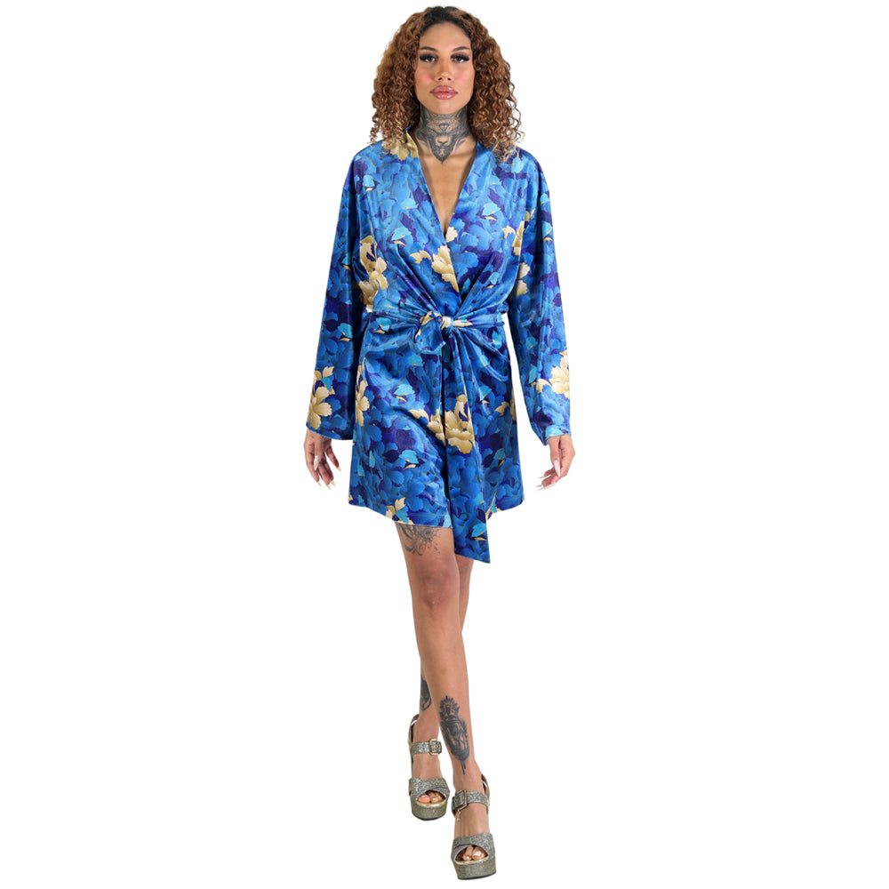 Blue Gold Oriental Chrysanthemum Flower Velvet Belted Dress
