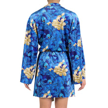Load image into Gallery viewer, Blue Gold Oriental Chrysanthemum Flower Velvet Belted Dress