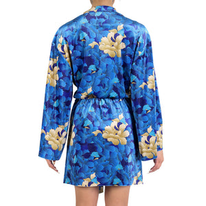 Blue Gold Oriental Chrysanthemum Flower Velvet Belted Dress
