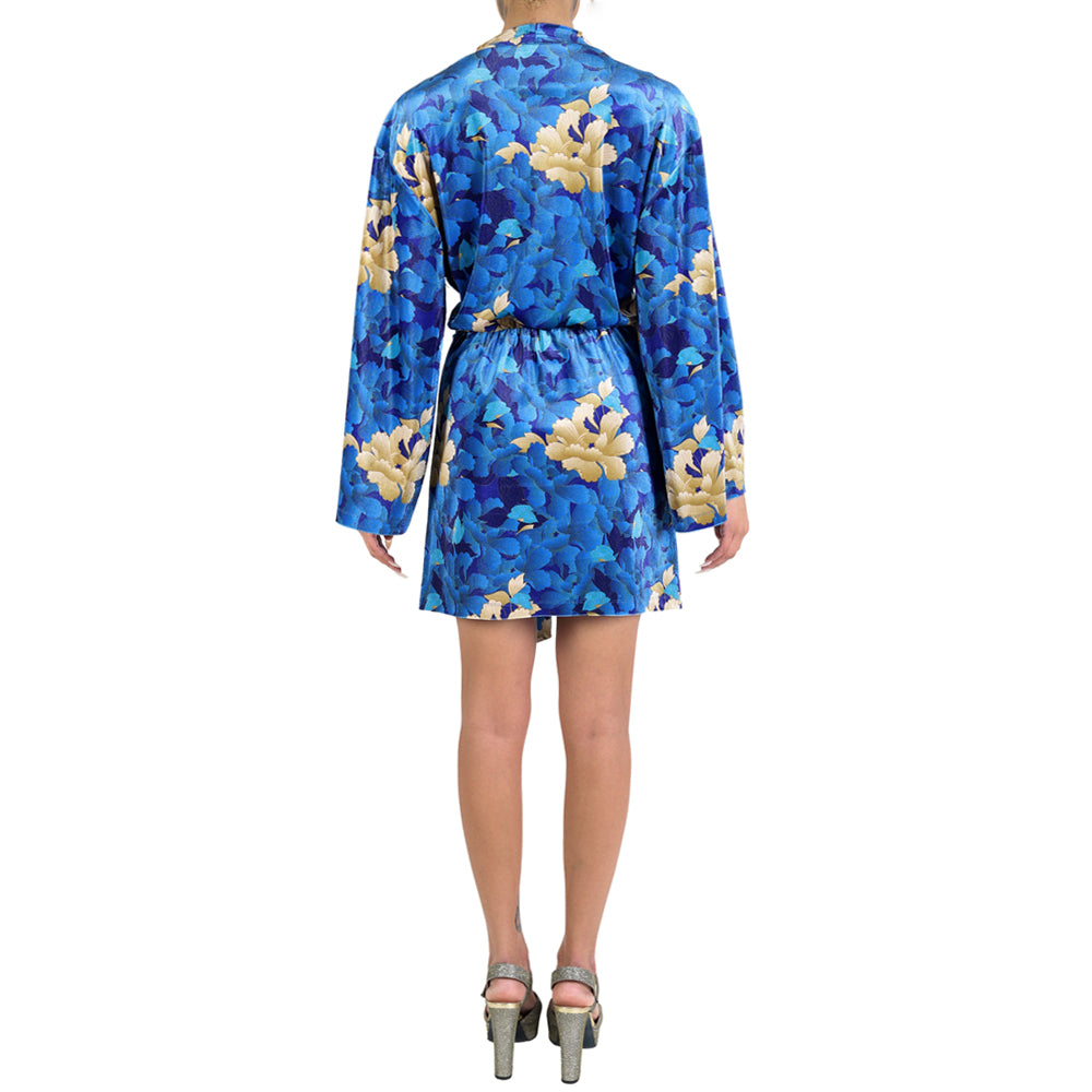 Blue Gold Oriental Chrysanthemum Flower Velvet Belted Dress