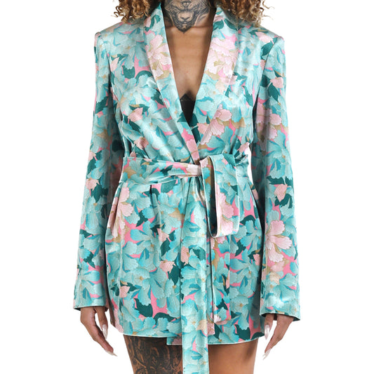 Mint Pink Japanese Oriental Chrysanthemum Flower Velvet Belted Blazer
