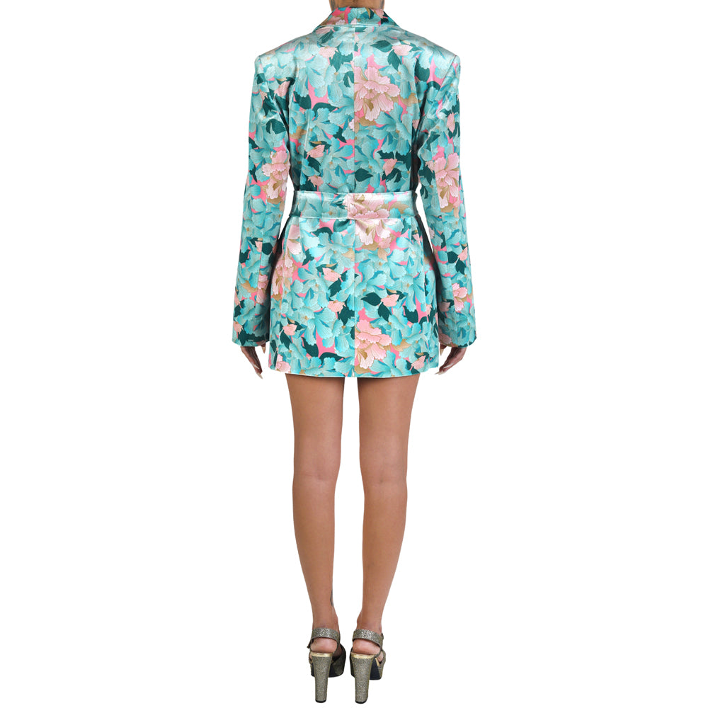 Mint Pink Japanese Oriental Chrysanthemum Flower Velvet Belted Blazer