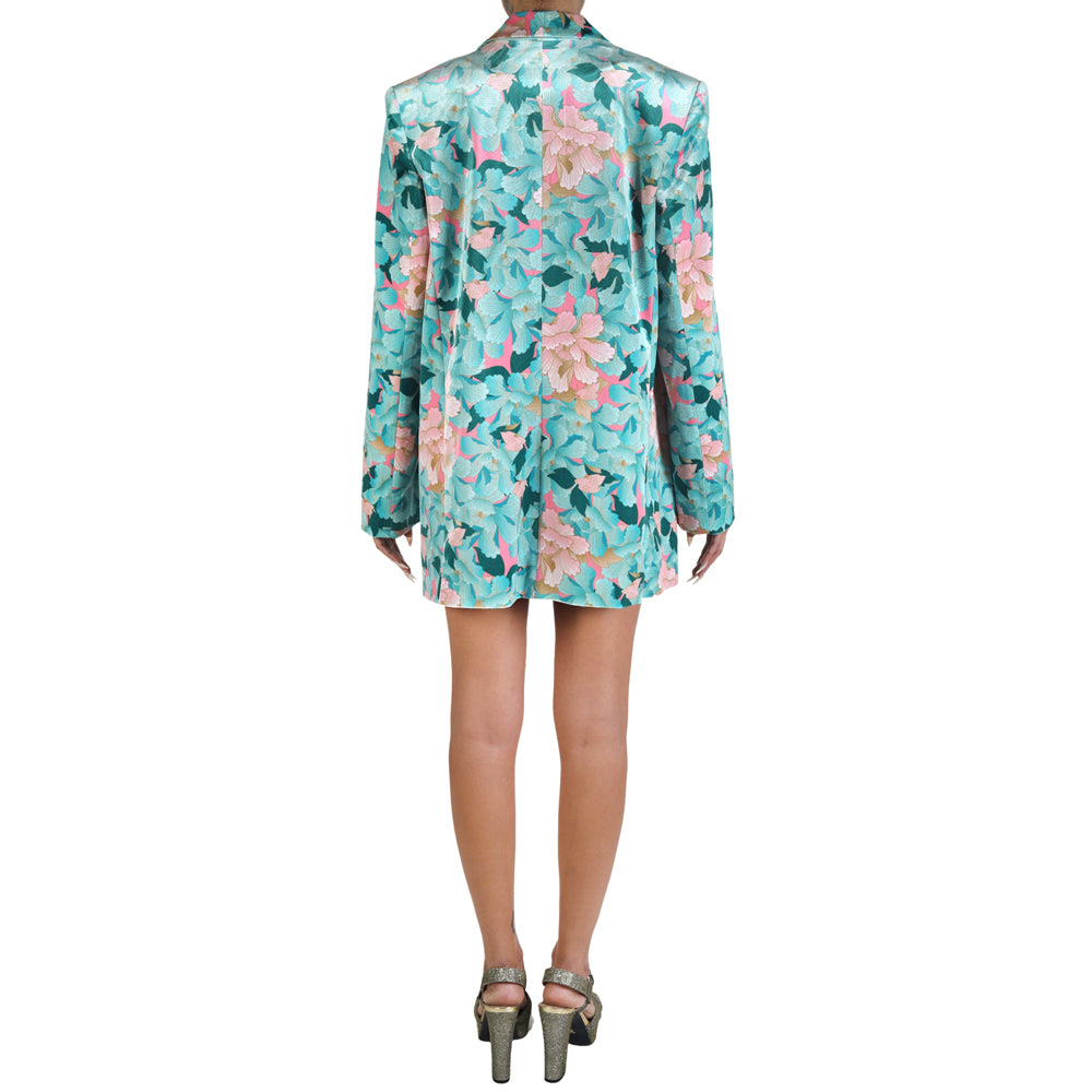 Mint Pink Japanese Oriental Chrysanthemum Flower Velvet Belted Blazer
