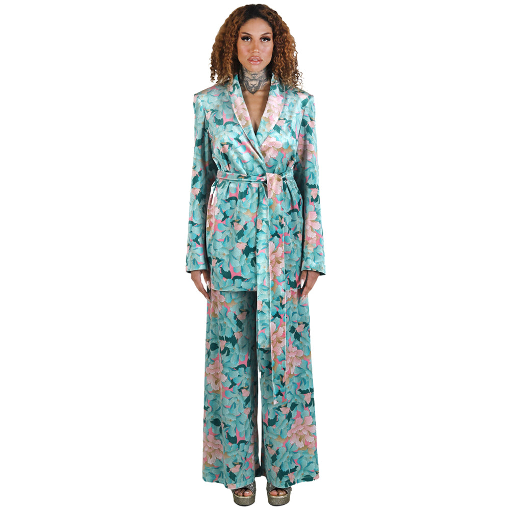 Mint Pink Japanese Oriental Chrysanthemum Flower Velvet Belted Blazer