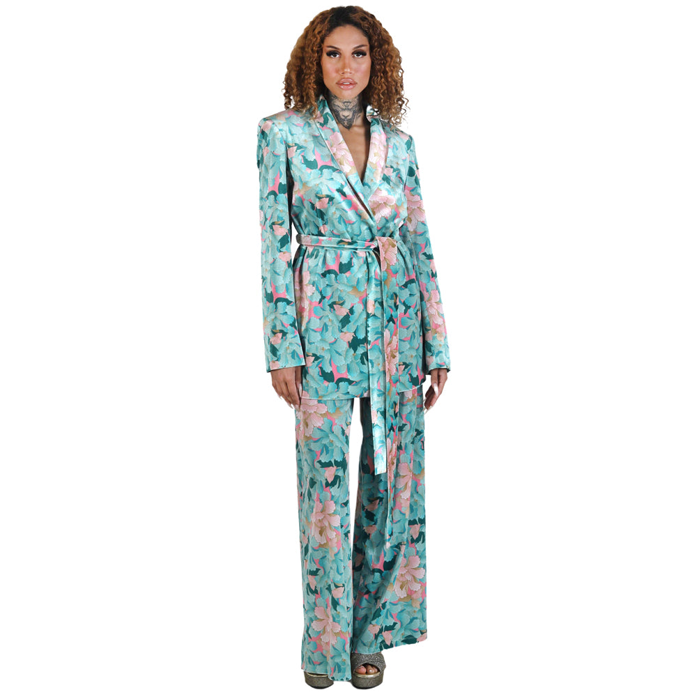 Mint Pink Japanese Oriental Chrysanthemum Flower Velvet Belted Blazer